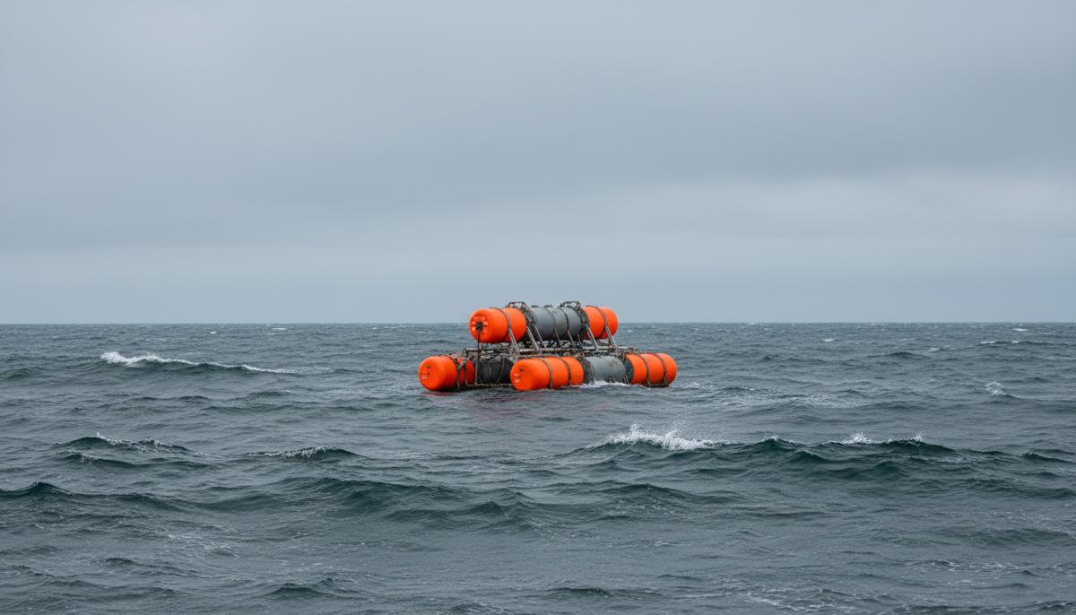 Модульный преобразователь волновой энергии Kaizen 2.0 в холодных водах Северного моря под пасмурным небом.