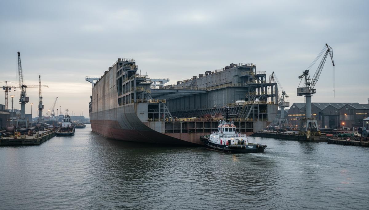 Корпус нового судна-кабелеукладчика буксируют в порт судостроительной верфи для дооснащения на фоне портовых кранов.