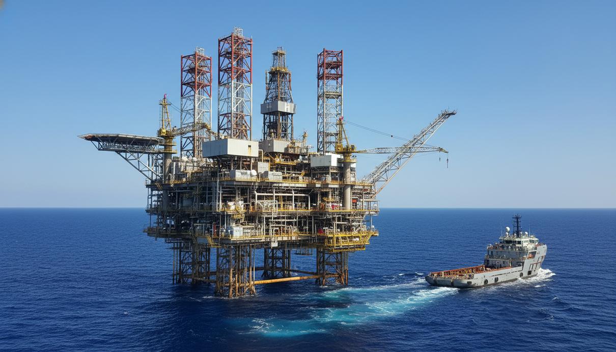 Крупная морская нефтегазовая платформа в океане с буровыми установками и технологическими модулями. Вокруг платформы спокойное море.