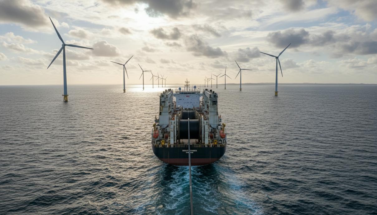 Судно для прокладки кабеля устанавливает подводный энергетический кабель в море. На горизонте видны морские ветряные турбины.