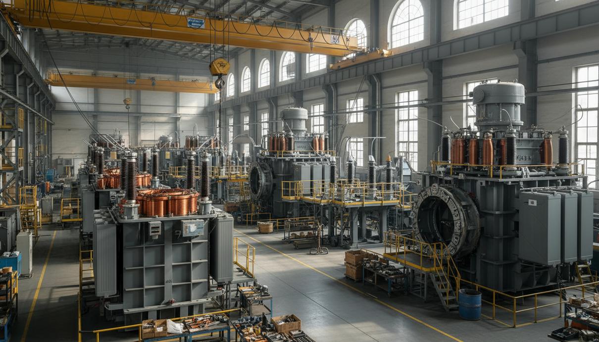 Производство высоковольтных электрических компонентов: реакторы и трансформаторы на промышленном заводе.