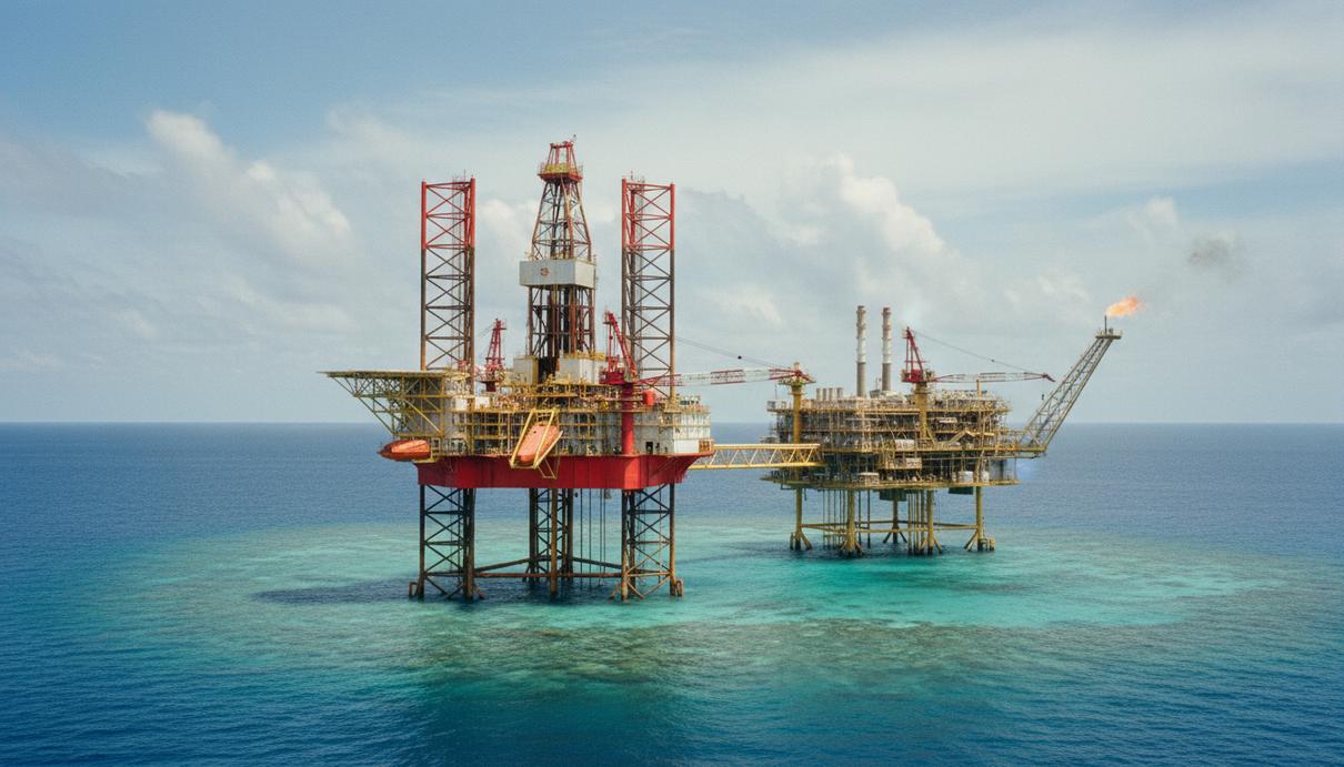 Морская самоподъемная буровая установка NAGA 8 работает рядом с нефтегазовой платформой в тропических водах. Видны элементы буровой вышки и океан.