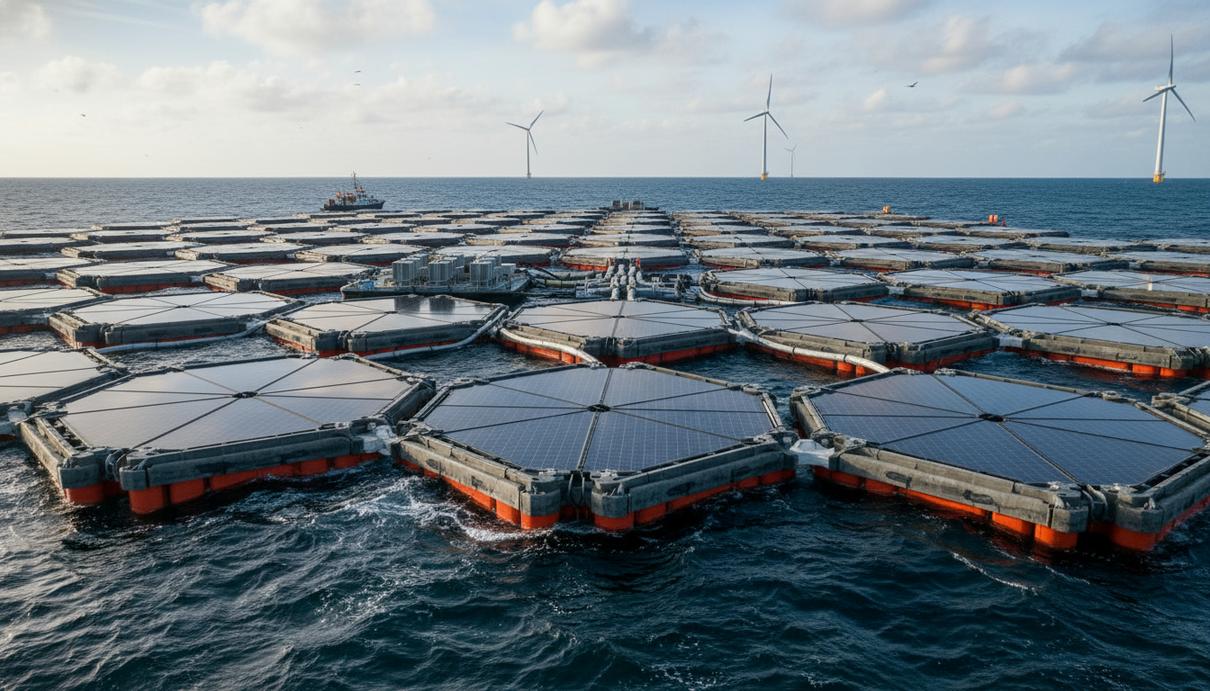 Плавучие солнечные панели на водной поверхности в открытом море, устойчивые к сложным морским условиям.