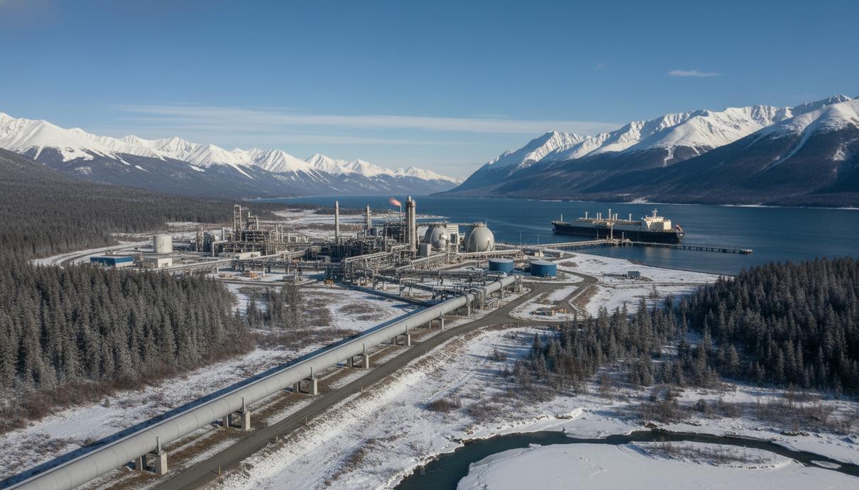 Газопровод через ландшафт Аляски к терминалу сжижения природного газа на тихоокеанском побережье, в окружении гор.