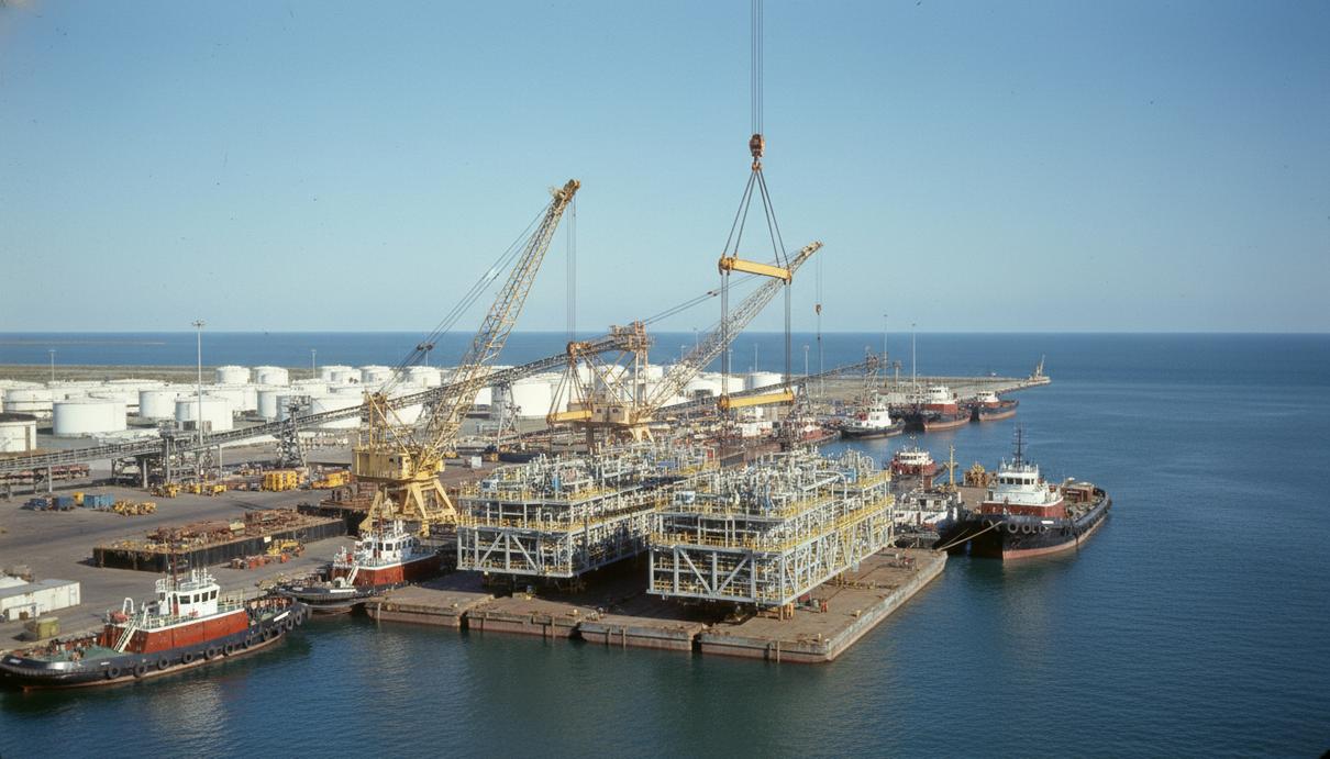 Погрузка крупных модулей для нефтеизмерительного комплекса в порту Форшон, Луизиана. Видны промышленные краны и водный транспорт на фоне залива.