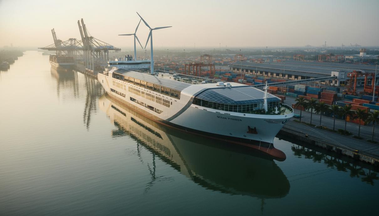 Современное грузовое судно с энергоэффективными элементами, пришвартованное в оживленном промышленном порту Индонезии. Утро.