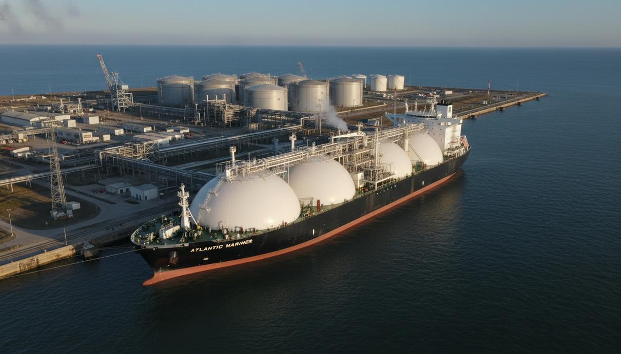 Большой танкер-газовоз СПГ на фоне регазификационного терминала с трубами и хранилищами у берега моря.