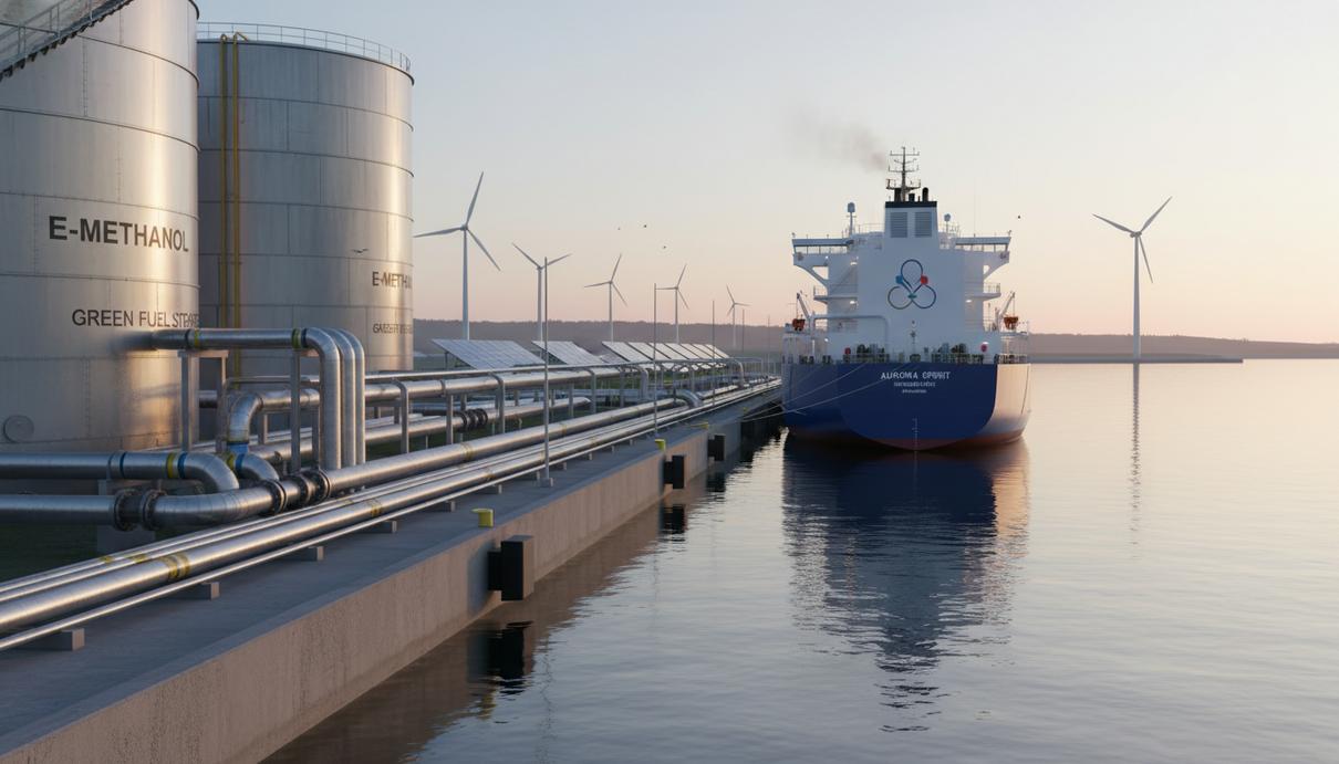 Европейский портовый пейзаж на рассвете. Крупные индустриальные резервуары для хранения е-метанола и трубопроводы. Современный танкер-химовоз у причала. На горизонте – элементы возобновляемой энергетики.