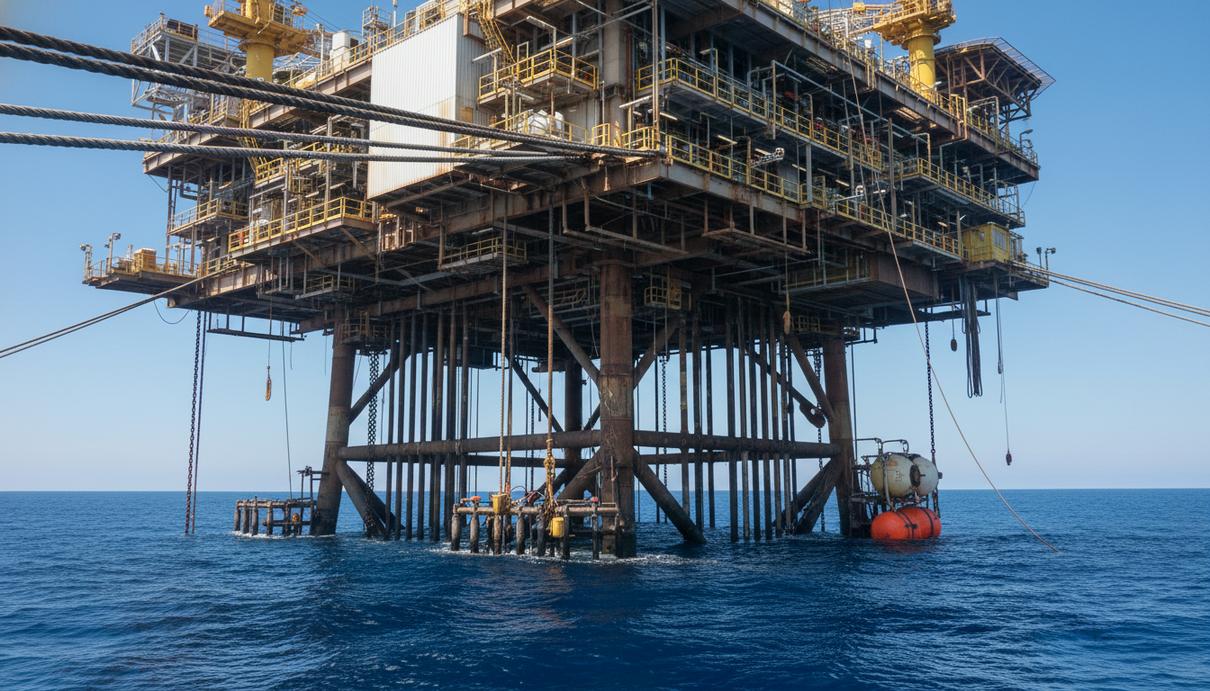 Крупная морская буровая платформа, надежно закрепленная в глубоких водах океана. Массивные швартовные линии уходят под воду, видны элементы специализированного подводного оборудования на фоне синего моря.