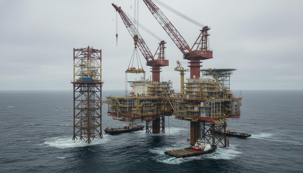 Крупная морская платформа в процессе демонтажа в Северном море. Рядом стоит тяжеловесное судно-кран, поднимающее части конструкции.
