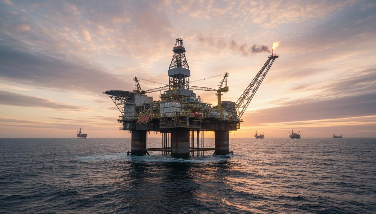 Крупная полупогружная морская буровая платформа в Северном море, добывающая нефть. На горизонте виднеется водная гладь и облака.