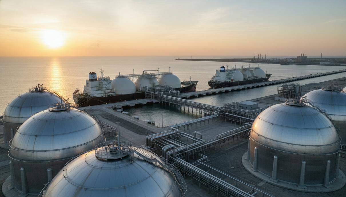 Современный терминал сжиженного природного газа с огромными резервуарами и пришвартованными газовозами на рассвете.