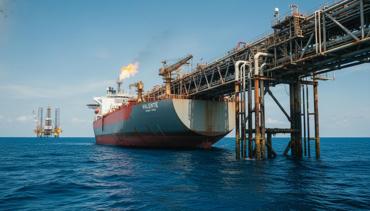 Установка FPSO Valente и буровая платформа в глубоких водах морского месторождения у побережья Бразилии, с подводными связями.