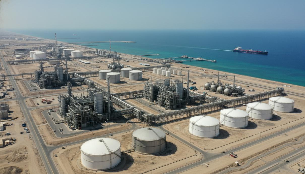 Вид с высоты на крупный нефтехимический комплекс Рас-Лаффан в Катаре с заводами СПГ и резервуарами. На горизонте — море с танкером.