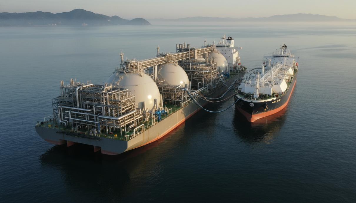 Крупный плавучий СПГ-терминал с промышленными трубопроводами и танками, пришвартованный в бухте. Рядом стоит газовоз, соединенный шлангами для перегрузки.