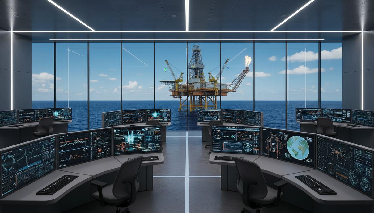 Современная панель управления в центре мониторинга морского бурения, отображающая данные и карты, на фоне буровой платформы в открытом море.