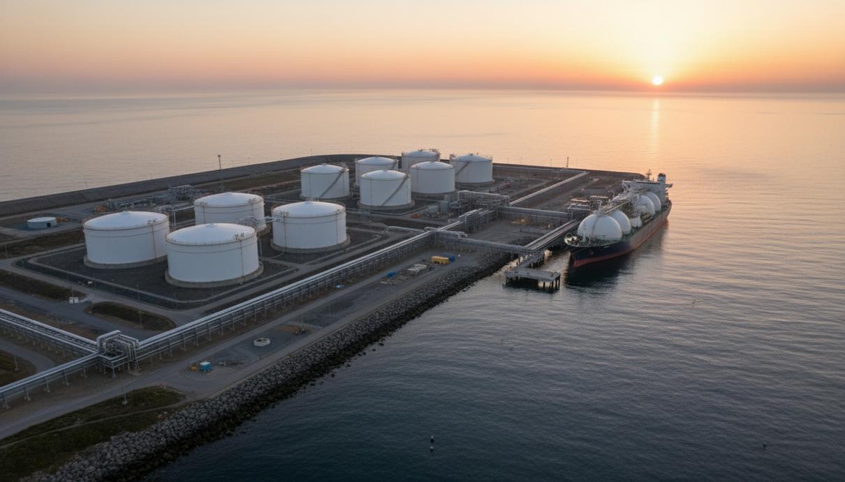 Вид на крупный терминал сжиженного природного газа с массивными резервуарами и пришвартованным СПГ-танкером на побережье.