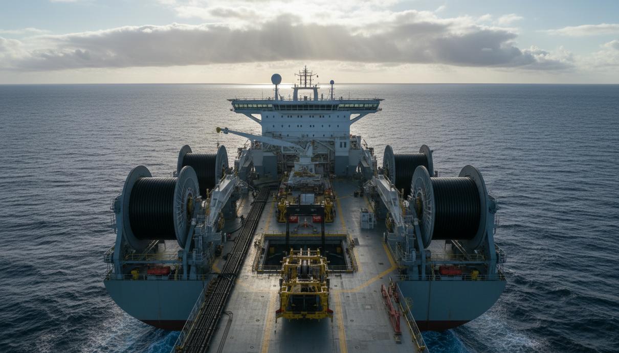 Крупное судно-кабелеукладчик в море, разматывающее или готовящееся к прокладке подводного кабеля.