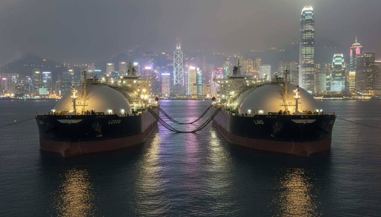 Ночная бункеровка СПГ: крупный танкер VLCC получает топливо от судна-бункеровщика в водах Гонконга. Видны соединительные шланги и огни кораблей на фоне города.