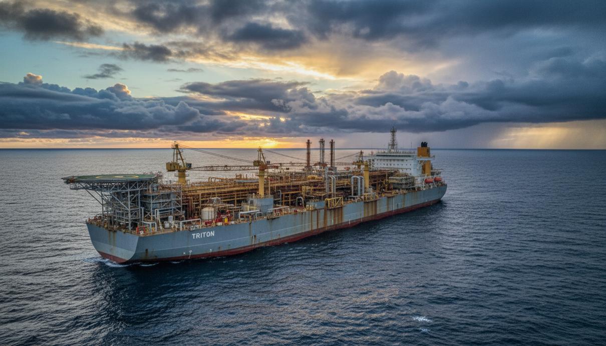 Вид на плавучую установку для добычи, хранения и отгрузки (FPSO) «Triton» в Северном море, с палубой, оснащенной трубопроводами и модулями.