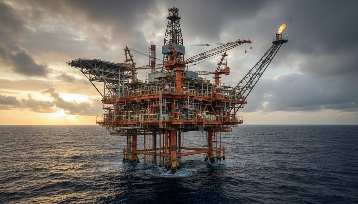 Морская нефтегазовая платформа с массивным буровым оборудованием и сложной сетью труб на поверхности океана.