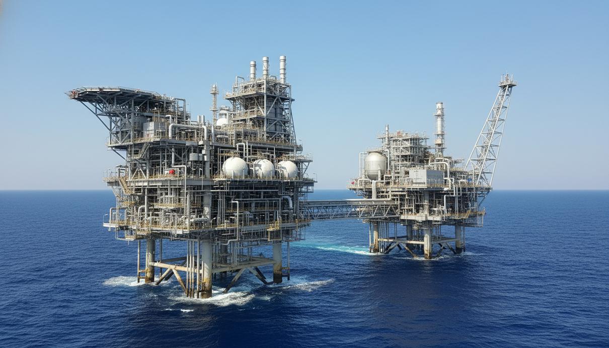 Панорама крупной морской газодобывающей платформы «Левиафан» в Средиземном море у побережья Израиля.