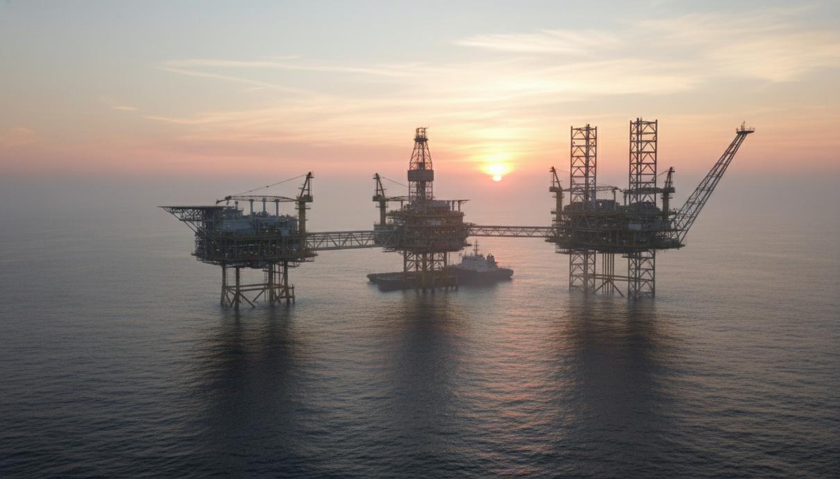 Морская нефтегазовая платформа на рассвете в Северном море. Вид издалека, с легкой дымкой над водой.