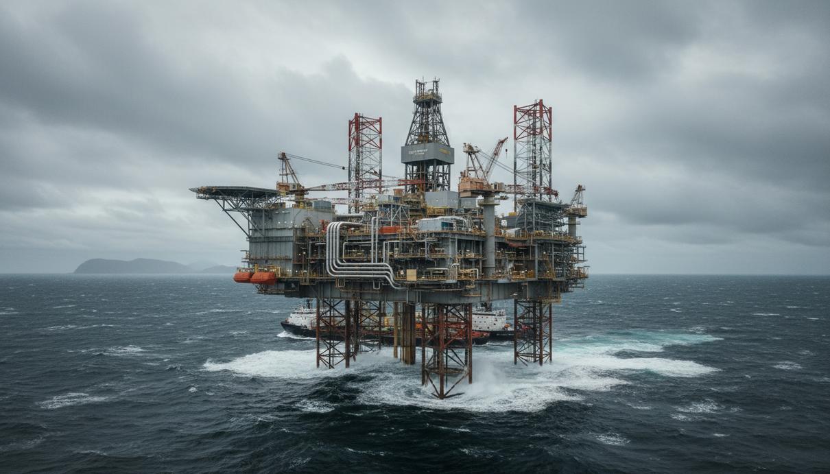 Морская буровая платформа в Северном море, проводящая работы по оценке участка для хранения углерода. Вид на индустриальное оборудование и водную гладь.