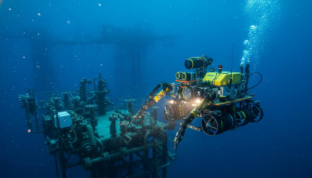 Электрический дистанционно управляемый аппарат (ROV) Momentum с датчиками и двигателями, работающий в глубоких водах у подводной инфраструктуры.