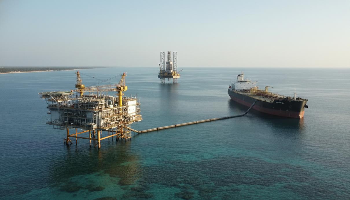 Морская плавучая добычная установка (MOPU) и судно для хранения и отгрузки (FSO) соединены у берегов Бенина на фоне морской буровой платформы.