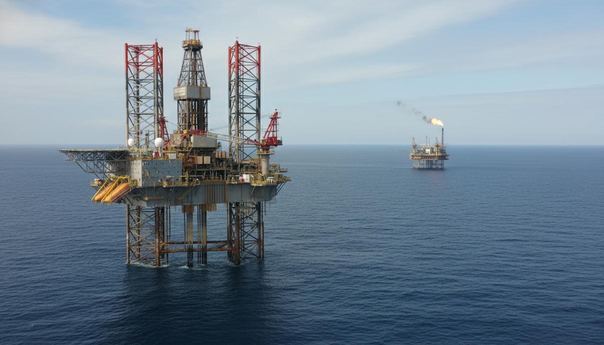 Самоподъемная буровая установка «Noble Integrator» в Северном море на Норвежском континентальном шельфе, рядом с морской нефтегазовой платформой.