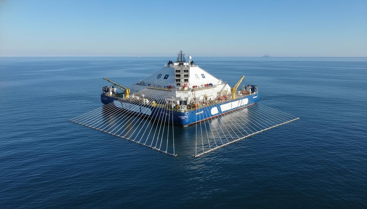 Сейсморазведочное судно в море, спускающее оборудование для сбора данных, на фоне морского горизонта.