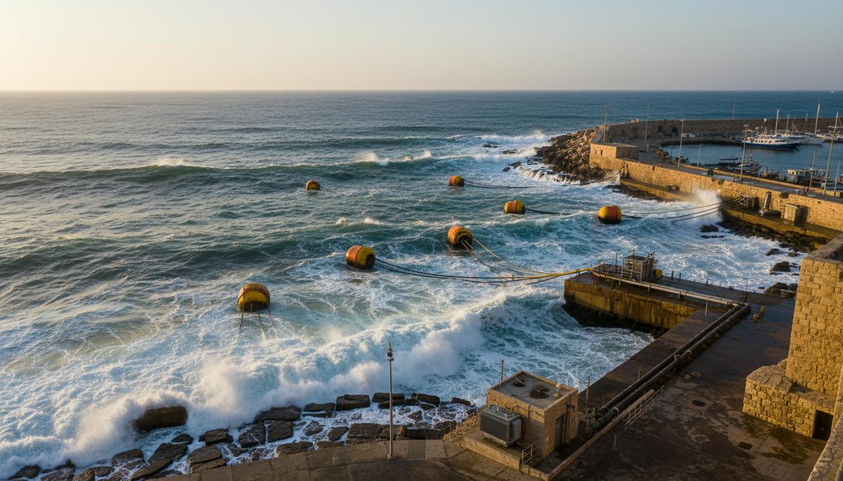 Система преобразования волновой энергии с буями на морской поверхности у побережья, подключенная к инфраструктуре порта Яффо, Израиль. Высокие волны.