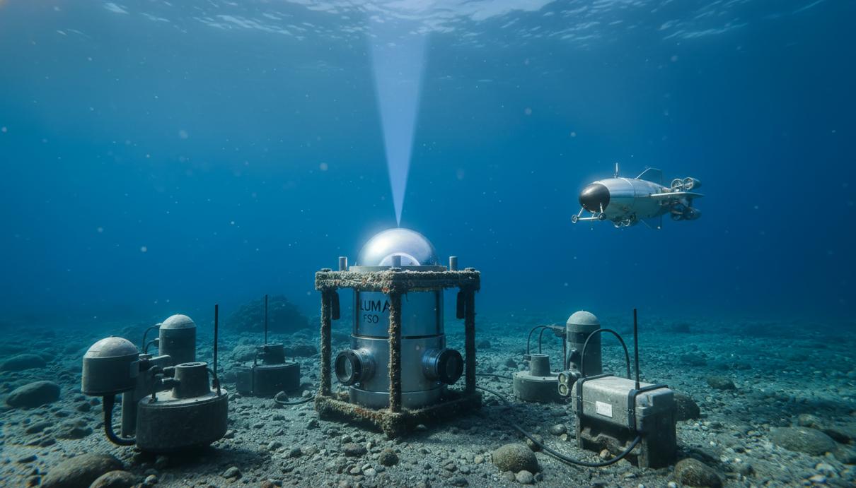 Подводное оптическое устройство LUMA FSO на глубоководном морском дне, рядом с датчиками и автономным подводным аппаратом.