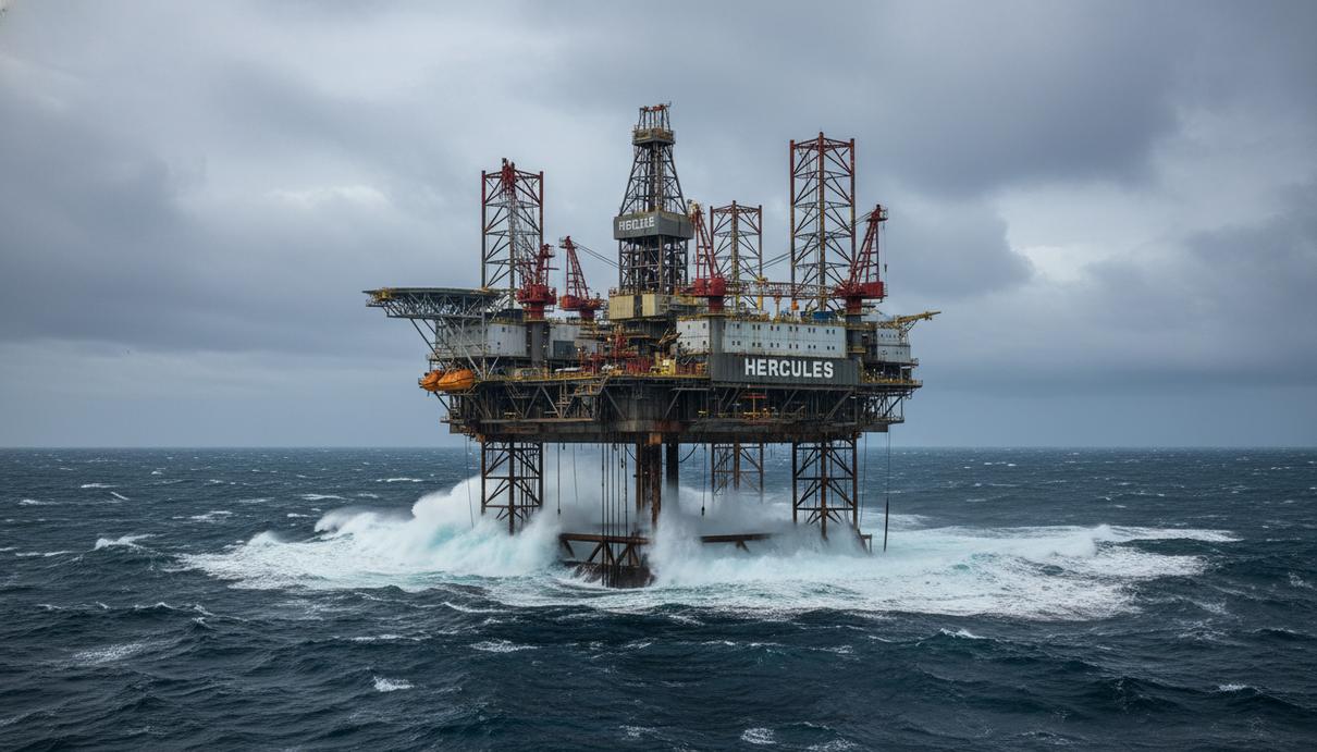 Полупогружная морская буровая платформа в открытом океане у побережья Канады, видны элементы конструкции, палубы и буровая вышка.