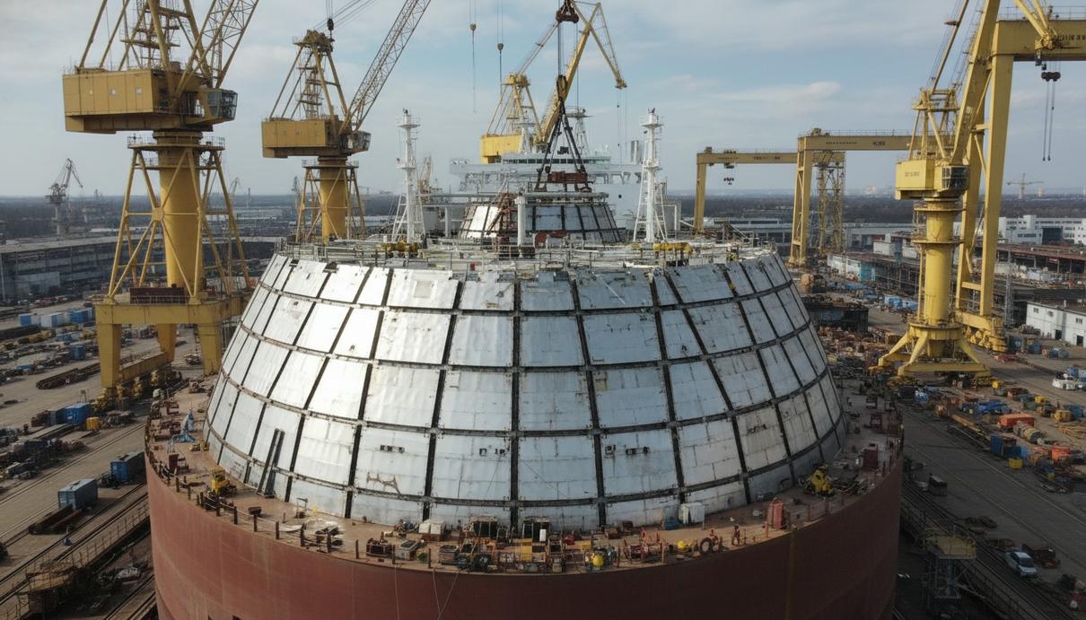 Строящийся танкер для сжиженного природного газа (СПГ) на верфи. Видны криогенные танки и мембранные системы. Промышленный пейзаж.