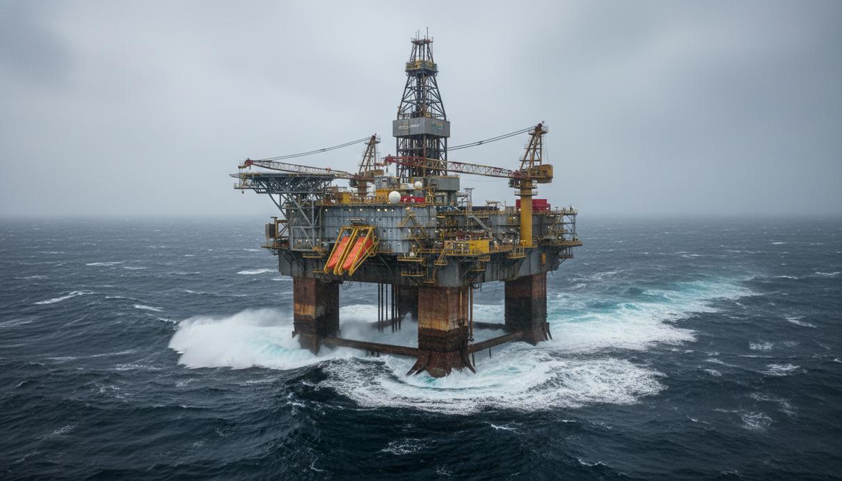 Полупогружная буровая платформа «Дипси Яньтай» в Северном море, добыча нефти и газа, суровое море.