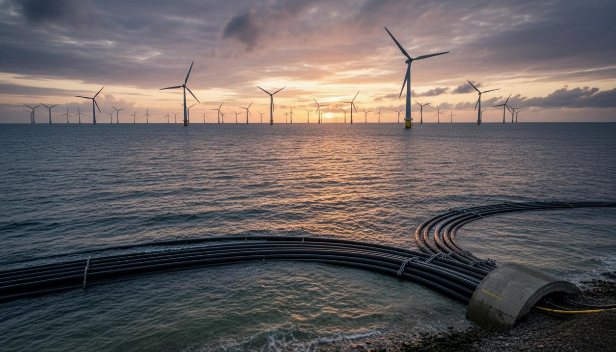 Морская ветряная электростанция с крупными турбинами в море. Кабели высокого напряжения уходят под воду, соединяясь с береговой электросетью.