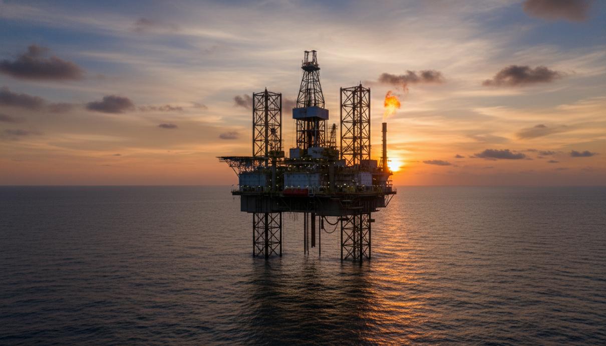 Морская буровая платформа в Сиамском заливе на фоне открытого моря в лучах закатного солнца