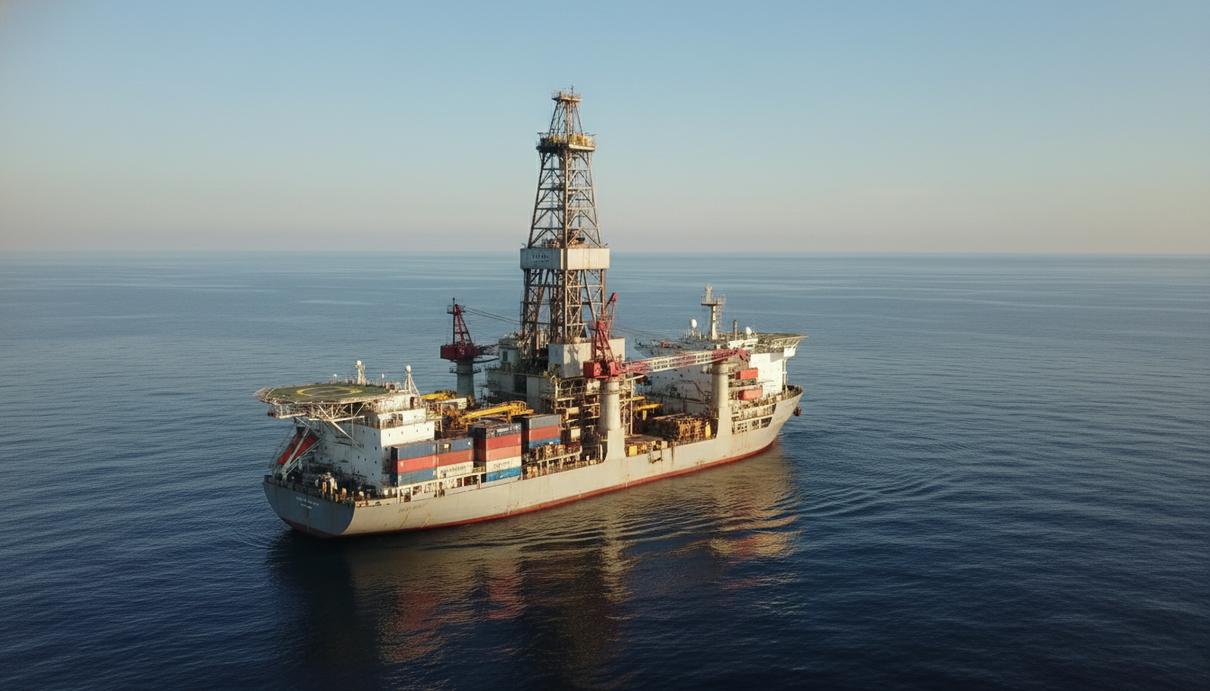 Современное буровое судно в открытом море на фоне ясного неба