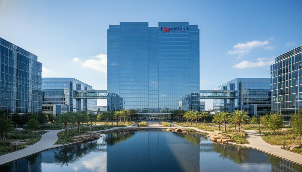 Фасад современного офисного здания корпорации ExxonMobil с логотипом на стеклянной стене