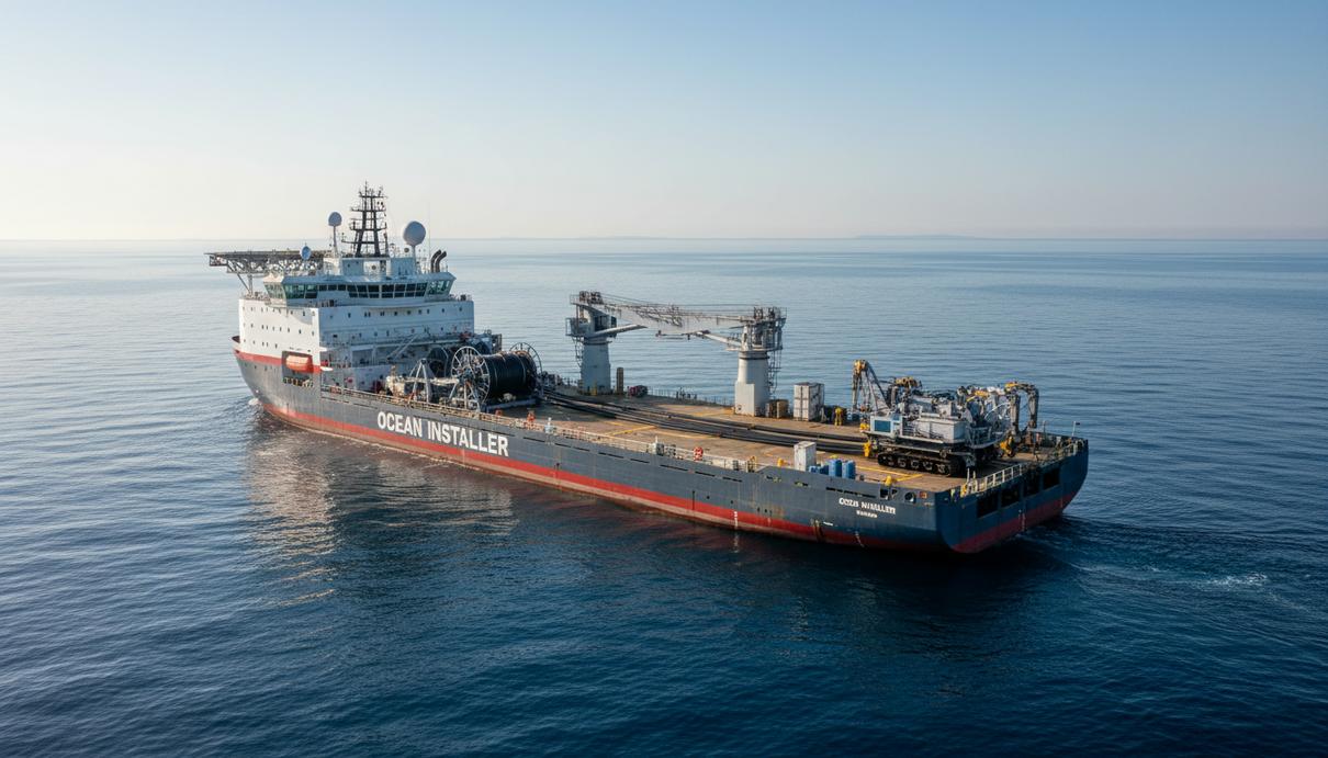 Специализированное морское судно для прокладки кабеля в открытом море с техническим оборудованием на палубе