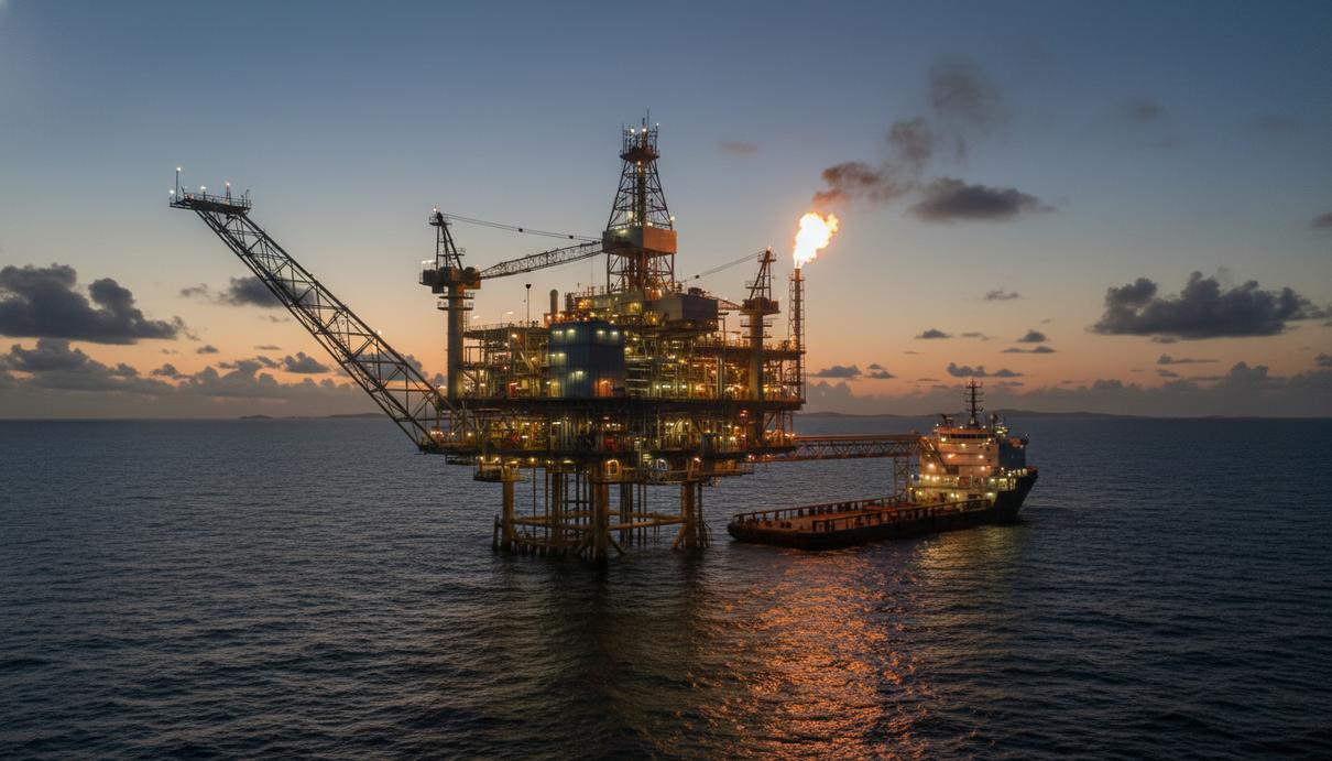 Морская газовая платформа и судно снабжения в открытом море в сумерках.