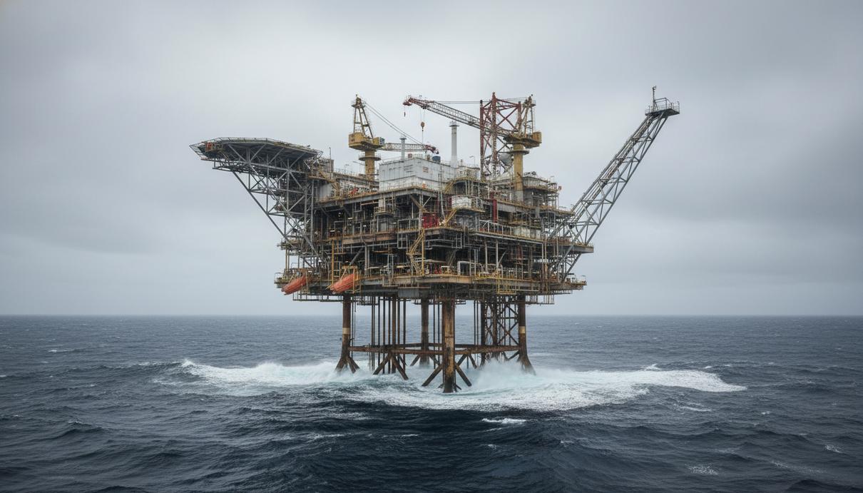 Морская нефтегазовая платформа в открытом море на фоне облачного неба.