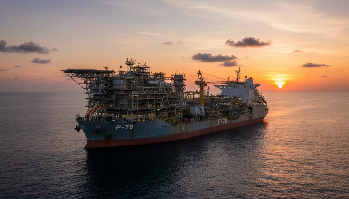 Огромное плавучее нефтедобывающее судно в открытом океане на фоне заката