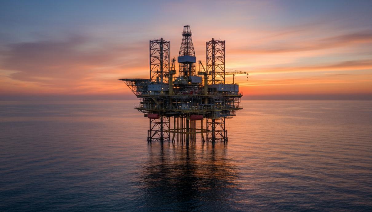 Буровая платформа в открытом море в лучах заходящего солнца.