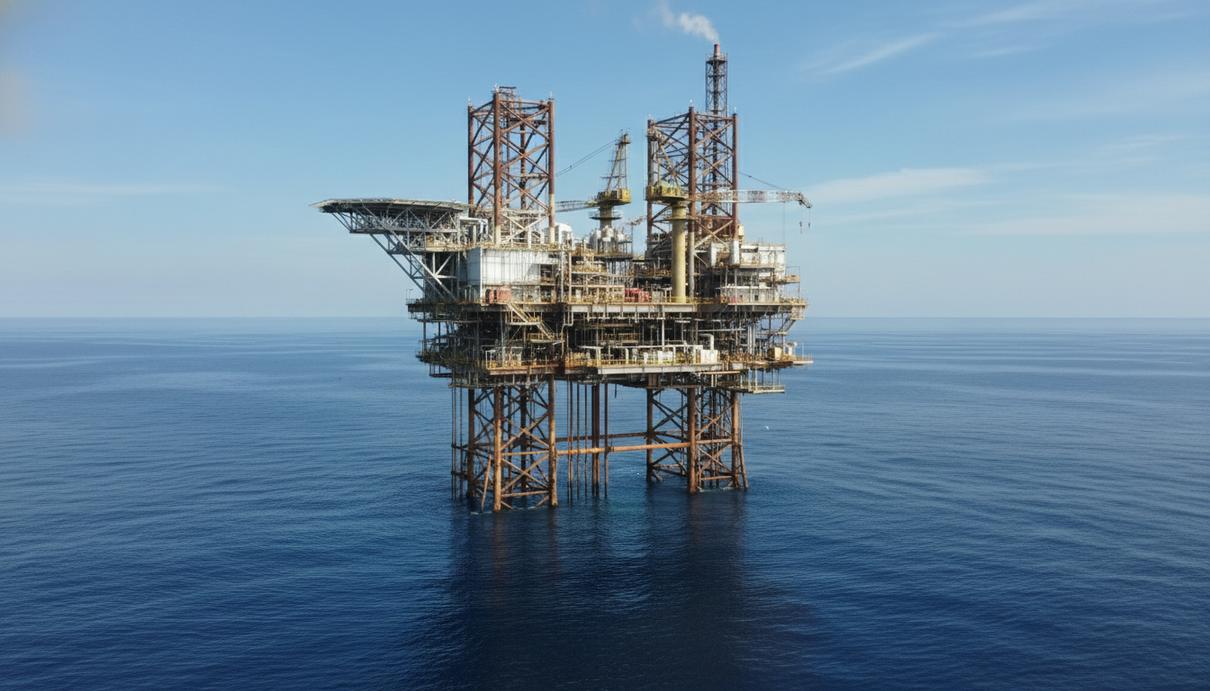 Стационарная морская платформа со стальными опорами в открытом море при дневном свете.