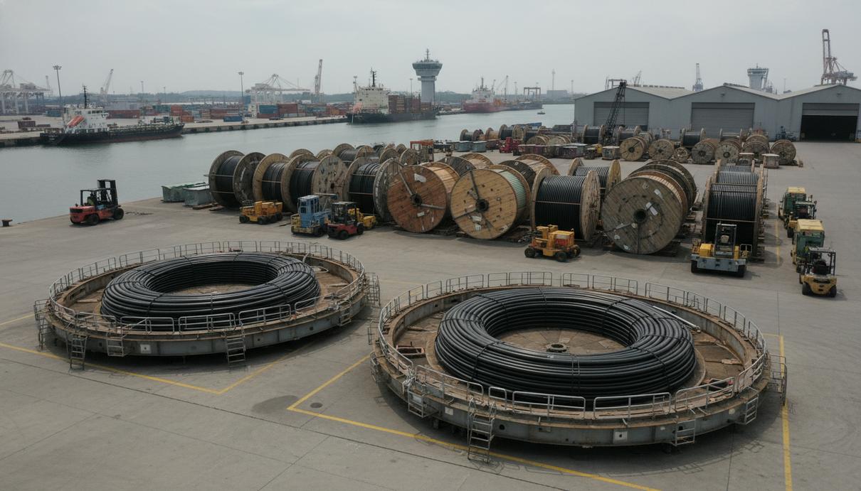 Промышленные площадки морского терминала с массивными катушками подводного кабеля и оборудованием.
