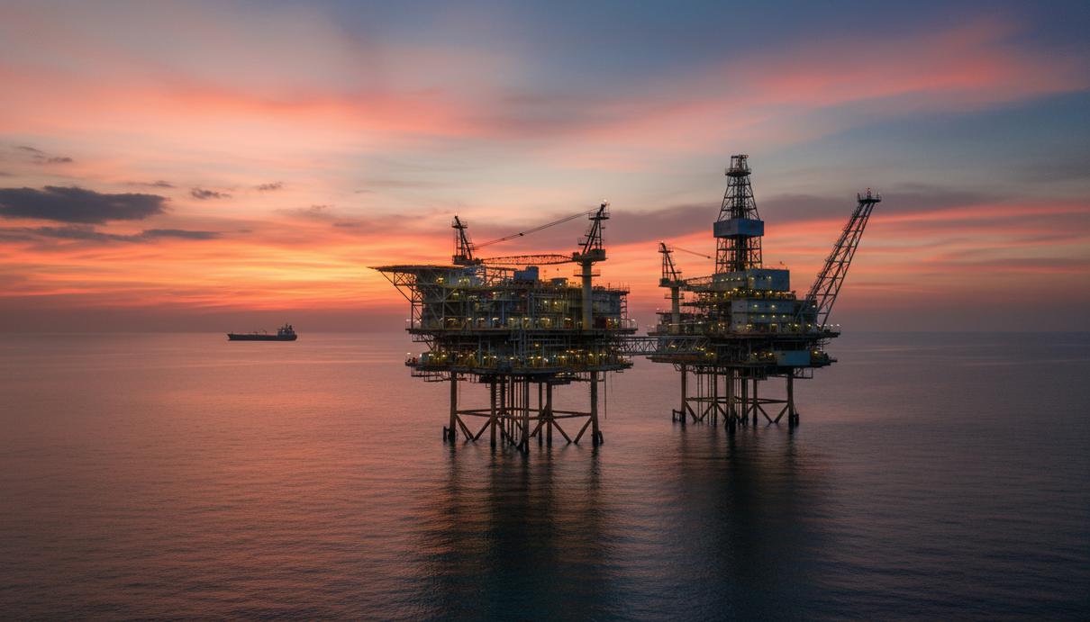 Морская нефтедобывающая платформа в открытом море на фоне заката