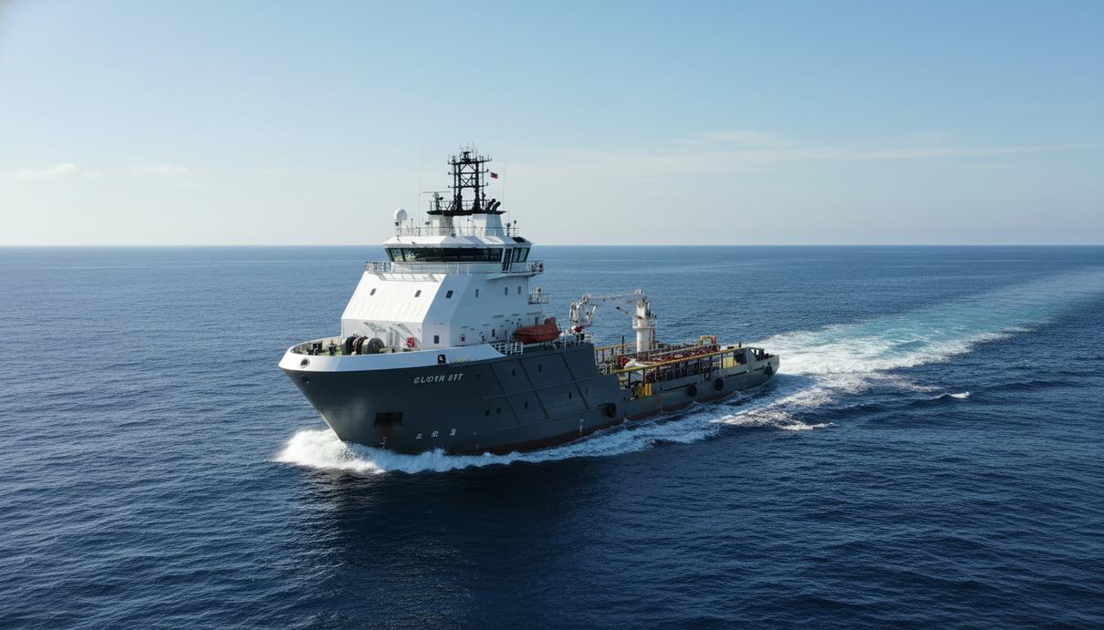 Большое морское судно снабжения со специальной палубой в открытой воде